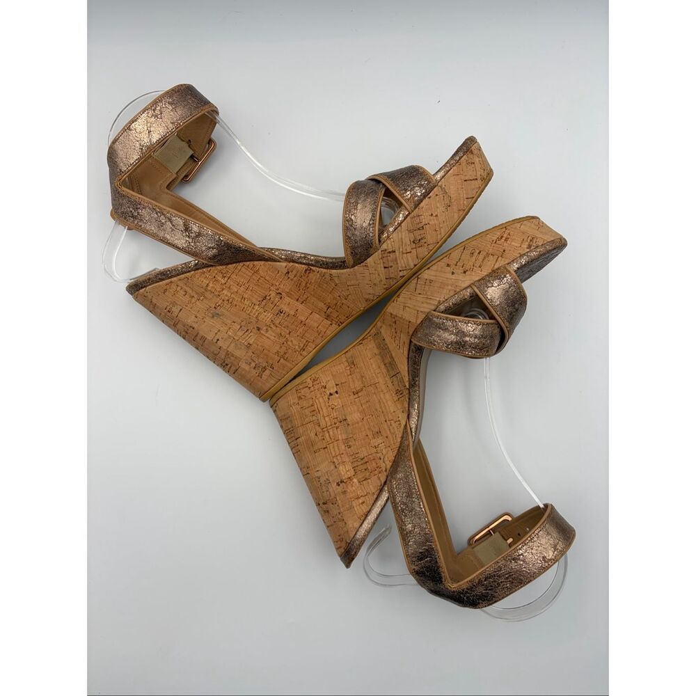 Stuart Weitzman Annex Penny Cork Wedge Sandals Metallic Crackle Leather 10.5 - Picture 5 of 12